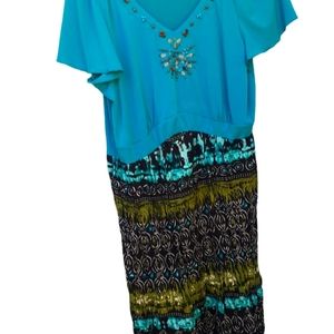 Womens sz Large Turquoise blue brown dress